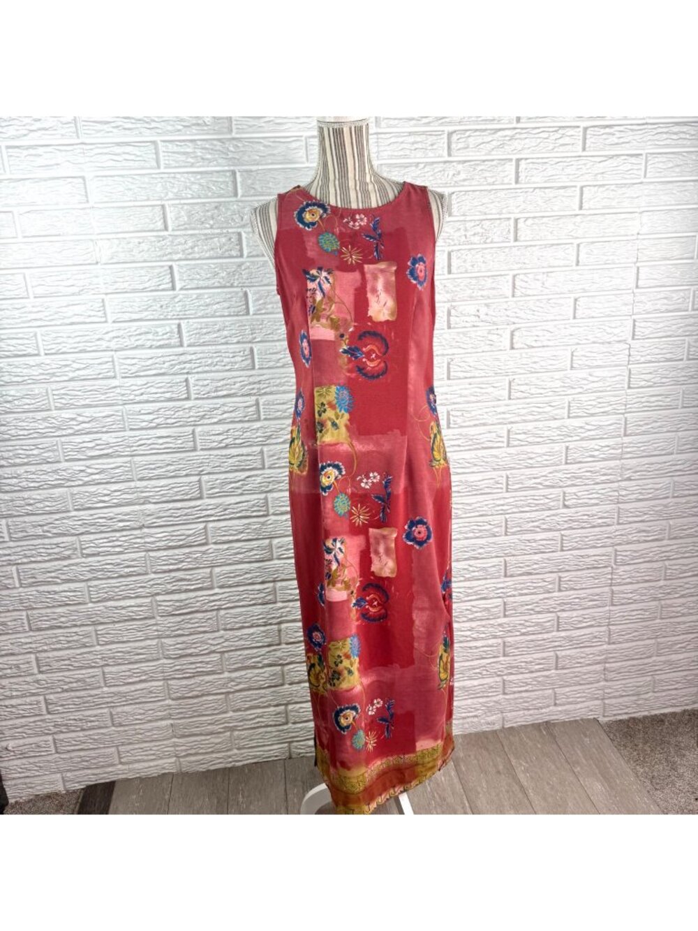 Vintage 90s Tribal Red Sleeveless Maxi Dress Floral Patchwork Size 6